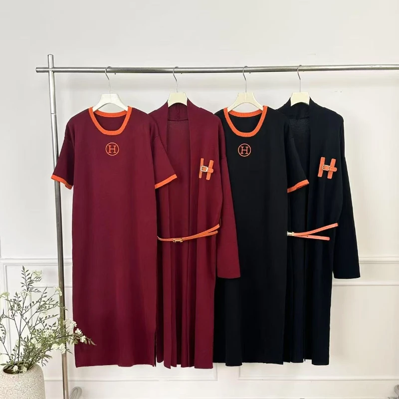 

2025 new simple and versatile temperament dress H-letter knitted long cardigan jacket two-piece set for spring autumn