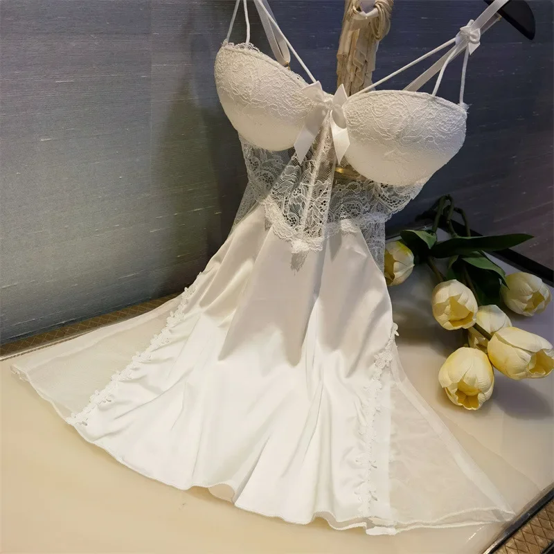 Sexy Chemise Nightgown Summer Women Sleepwear Nighty Gown Loungewear Lace Hollow Out Suspender Nightdress Silky Satin Home Wear - Image 3