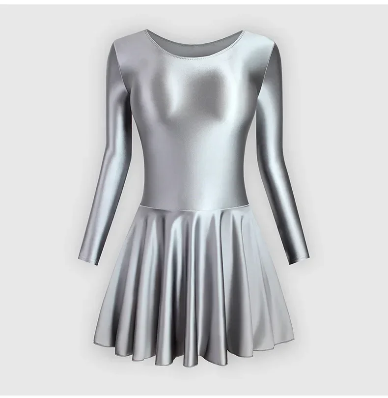 Women Long Sleeve Tight Glossy Silk Dance Dress Yoga Solid Body Practice Skirt Rhythmic Gymnastics Leotard Swimsuit Dancewear