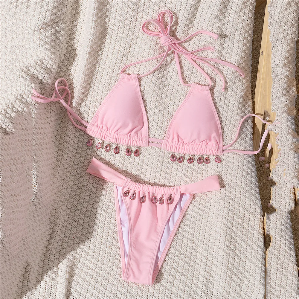 

Sexy Pink Micro Thong Bikini Women String Halter Swimwear 2024 Rhinestone Swimsuit Bathing Swimming Suit Triangle Bikinis Sets