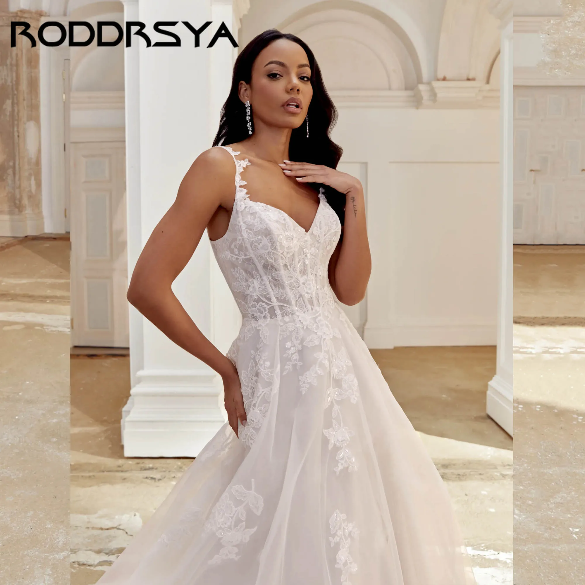 Suknia ślubna RODDRSY na ramiączkach spaghetti, aplikacje, dekolt w serek, linia A, tiulowa, elegancka, bez pleców, vestidos de novia, możliwość personalizacji