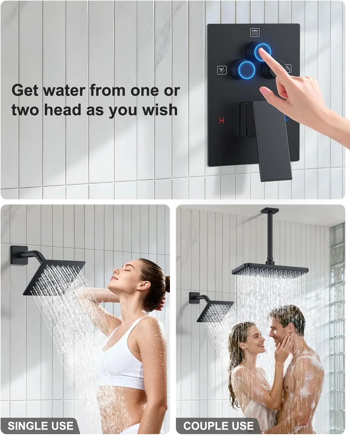 Matte Black Dual Shower Head System With Square & Heads 6-Mode Handheld Spray Rainfall Spray Patterns Wall Mount Shower Mixer view 3