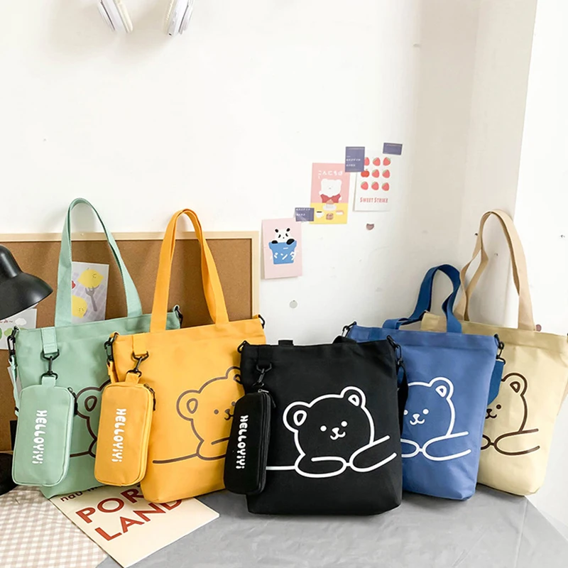 Bolso de mano de lona 2 en 1 con dibujos de animales, bandolera de gran capacidad con cremallera para estudiantes