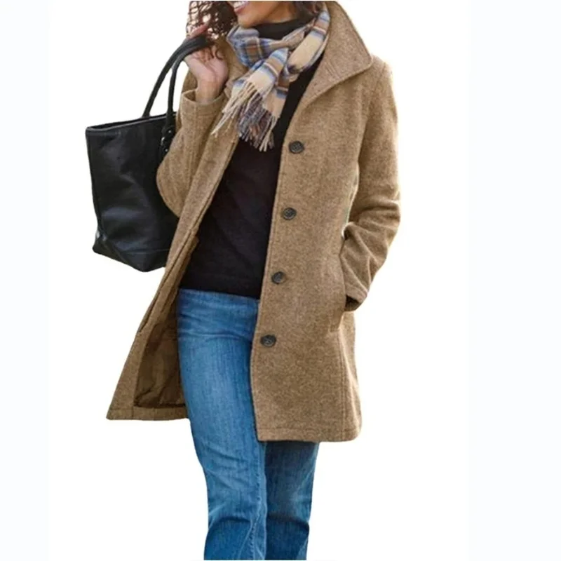 

Women's Woolen Coat 2025 Autumn Winter New Style Fashion Woolen Blended Fabric Jacket Mid-length Single Breasted Outerwear