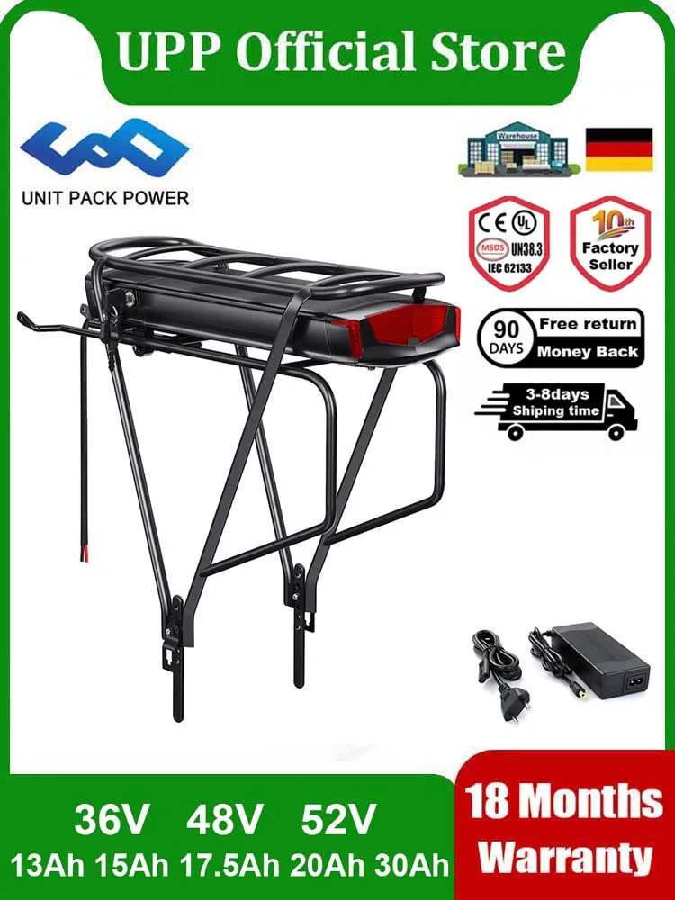 Gepäckträger-E-Bike-Akku 36V 48V 13Ah 15Ah 18Ah 18650 Batteriepack für 24" 26" 28" Elektrofahrrad 1000W 750W 500W 350W 250W Motor