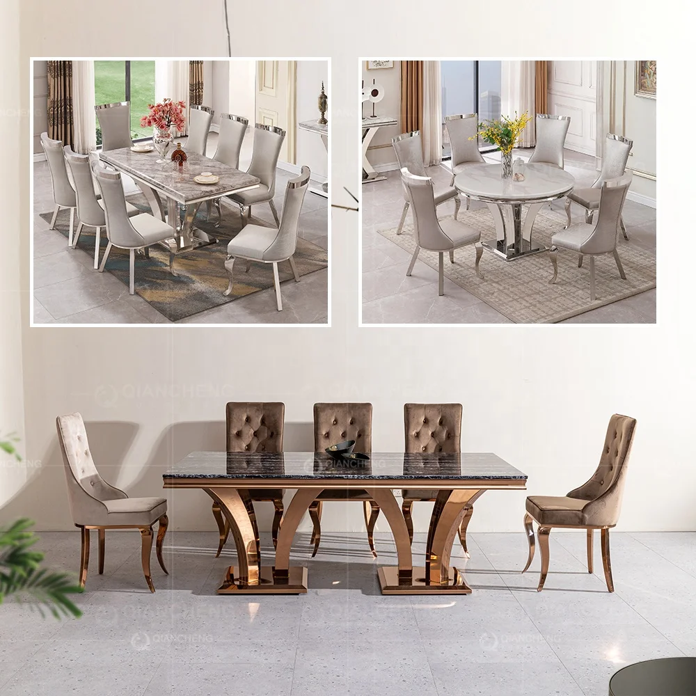 

Foshan furniture dining room table 8 Seater set modern design stainless steel metal leg marble dining tables