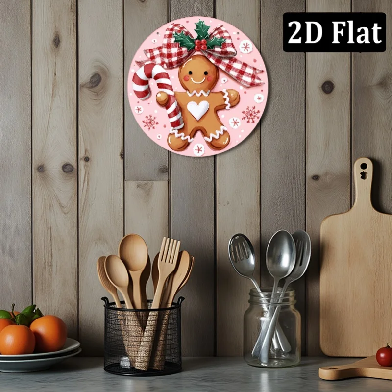 2D Flat, Pink And Red Gingerbread Christmas Wreath Wall Decor Sign - Round Holiday Tag with Gingerbread And Candy Cane Bow, Mode