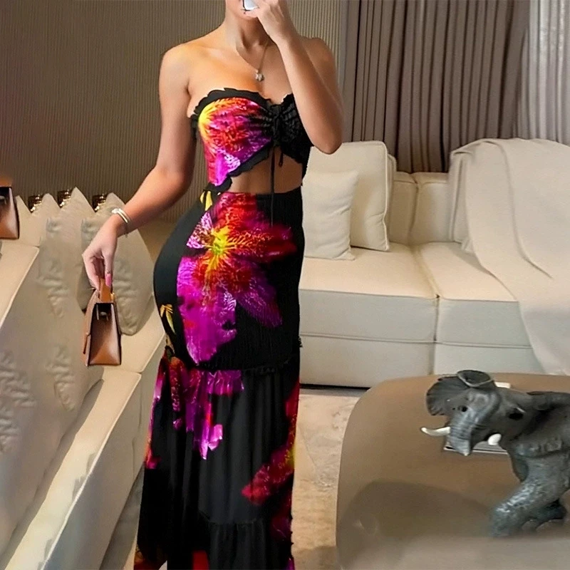 2023 neue Frauen Mode Frühling Herbst Halter Neck Print Plissee Kleid Damen Casual Blumen Druck Krawatte Taille Urlaub, Figurbetontes Kleid