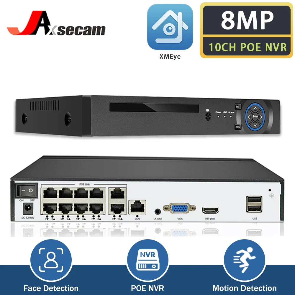 CCTV NVR Recorder 10 Kanaals 4K H.265 POE NVR Gezichtsherkenning 8MP POE Netwerk Surveillance Video Recorder 1CH XMEYE NVR