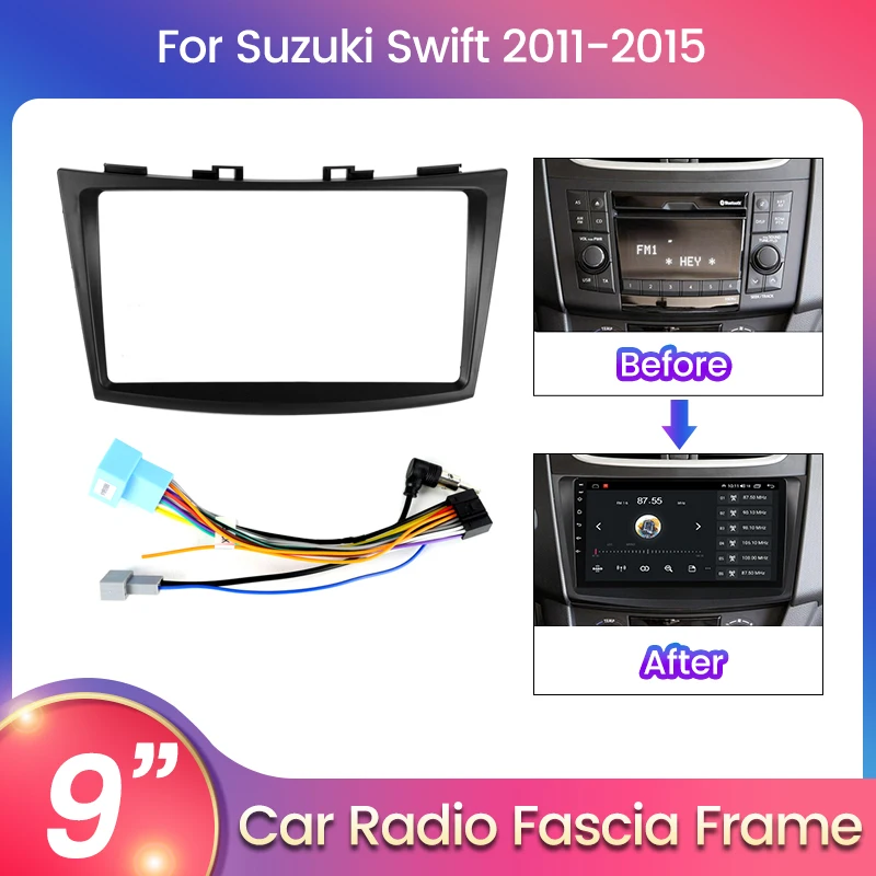 2 Din 9-Zoll-Autoradio-Rahmen für Suzuki SWIFT 2011–2015 Fascia Dashboard Installation Surround Trim Kit Stereo Panel Drähte Steuerung