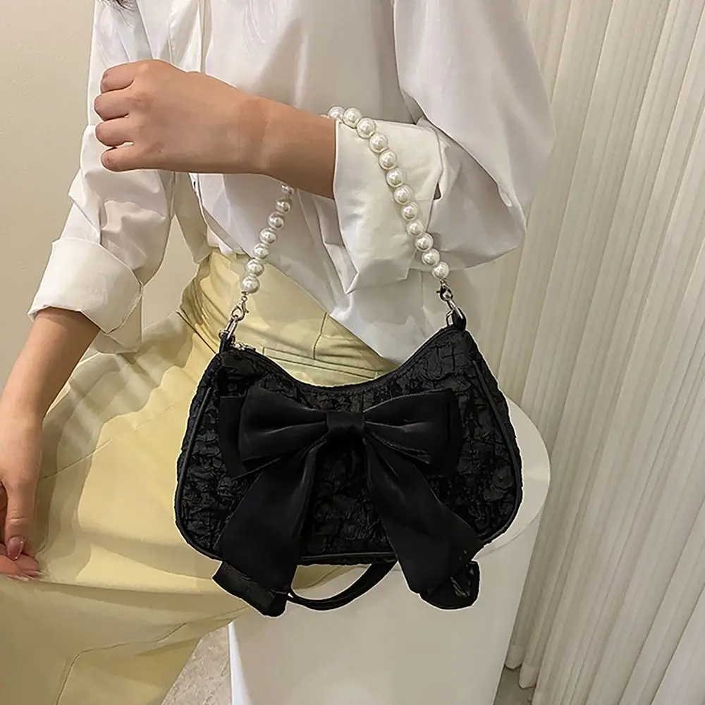 Fashion Pearls Shoulder Bag PU Leather Butterfly Ribbon Crossbody Bag Large Capacity Underarm Bag Women Girls