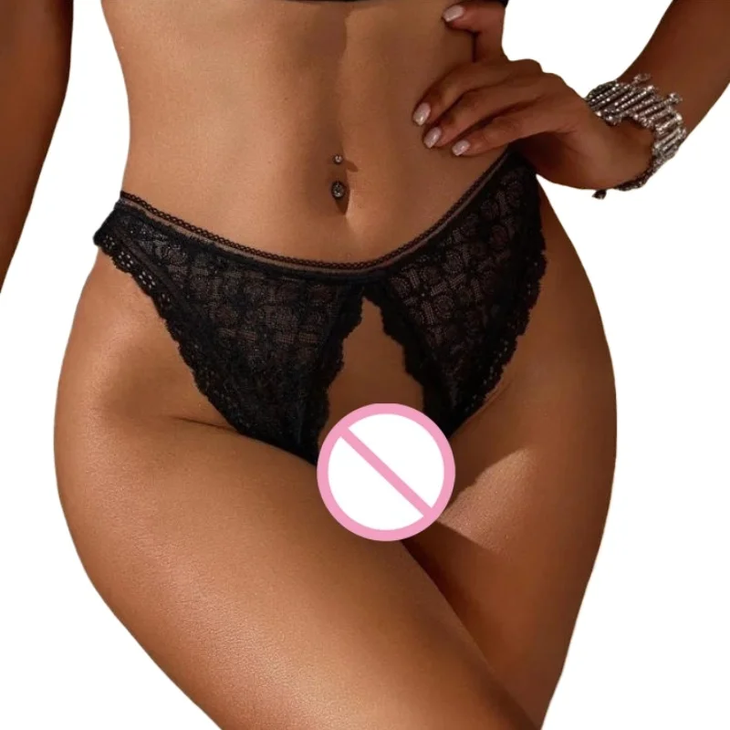 Hot Exotic Open Crotch Panties Women Sexy Lingerie Mesh Perspective Underwear Low-Rise Lace Bow Thong Crotchless Erotic Briefs