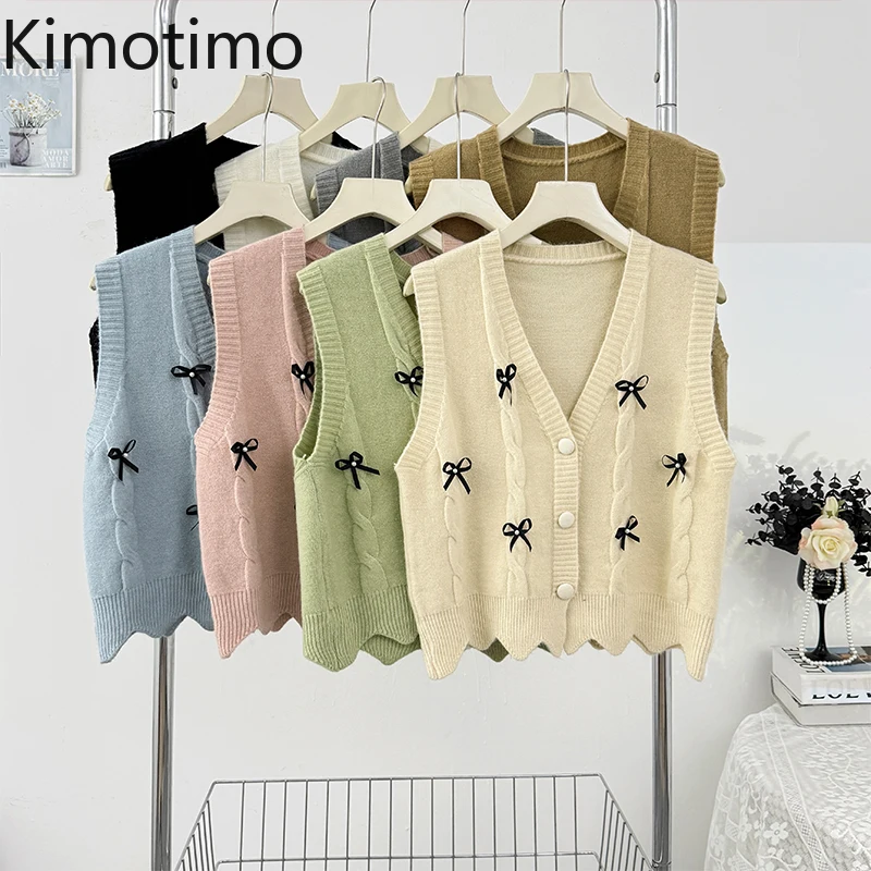 

Kimotimo Sweet Beaded Bow V Neck Knit Vest Women 2025 Autumn Single Breasted Sleeveless Sweater Cardigan Casual Waistcoat Jumper