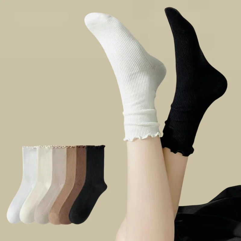 1/3/6 Pairs Women's Ruffled Trim Mid-Calf Slouch Socks Thin Lightweight Summer Autumn Socks Fashion Casual Stretchy Elastic