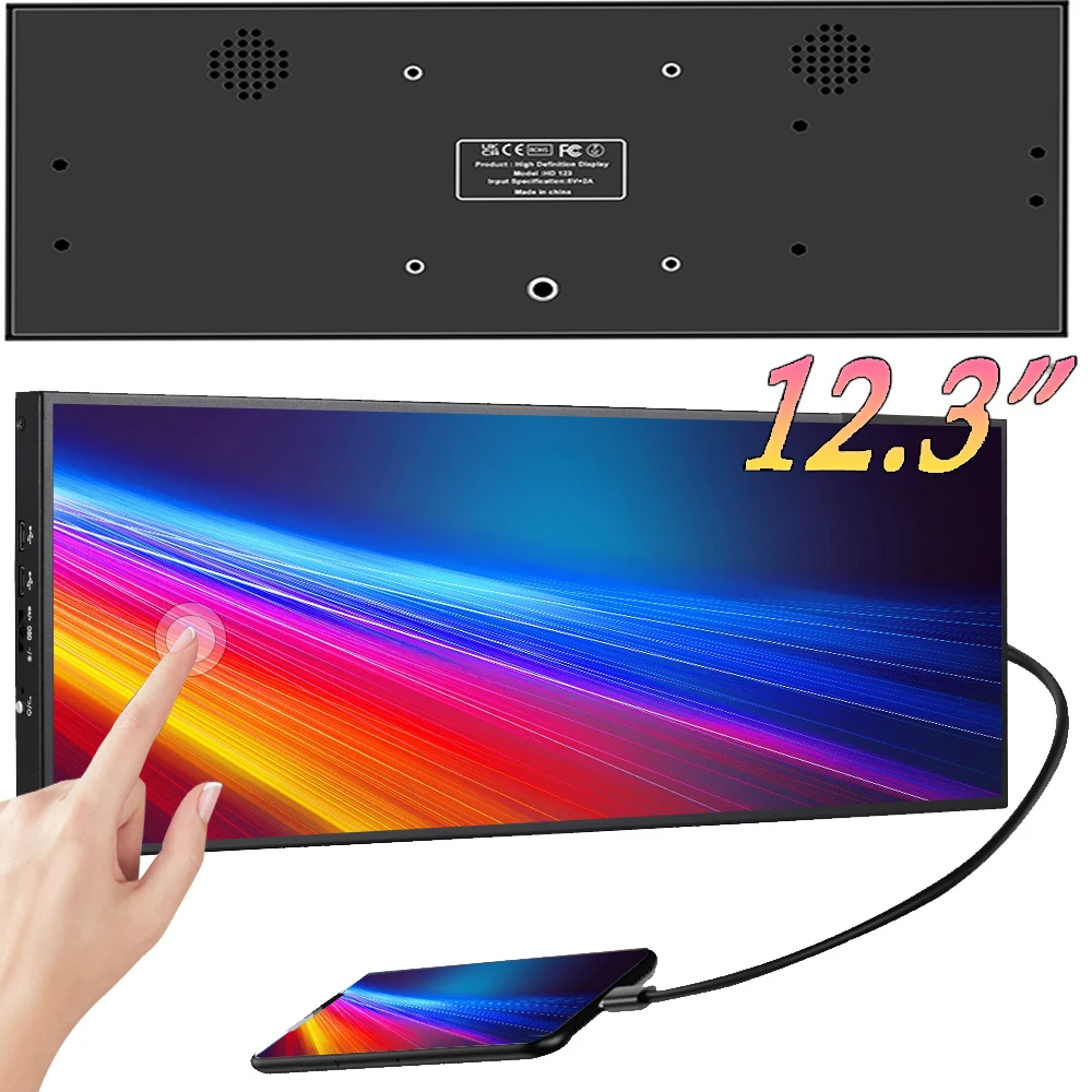 Moniteur à écran tactile 12.3 /14.5 pouces, HDMI et Type C, 1920x720/2.5K, écran IPS, barre LCD, affichage de la température du ordinateur, écran large
