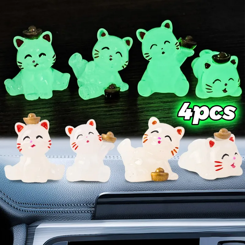 Luminous Lucky Cat Car Ornaments Auto Dashboard Cute Glowing Gold Ingot Maneki Neko Micro Landscape Resin Decoration Ornament