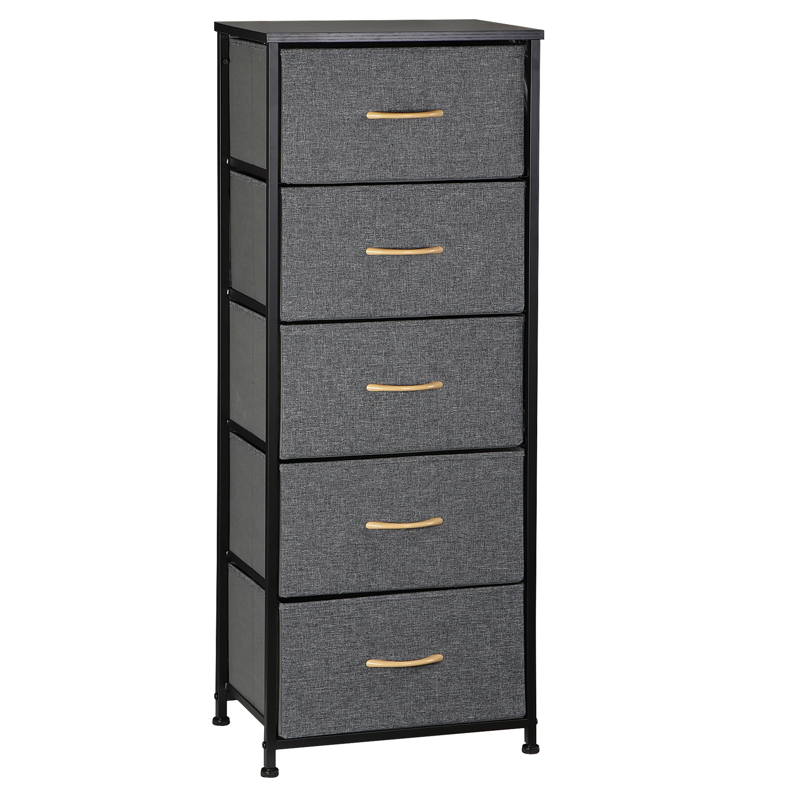

5 Drawers Dresser Storage Tower with Sturdy Steel Frame Wood Top and Wood Handles Modern Gray Bedroom Organizer Space Saving