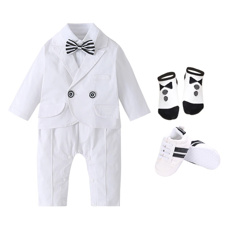 

Fast Delivery Children Clothing Suit Set Tuxedo Top Coat All White Cotton Romper For Toddler Boys Baby Kids