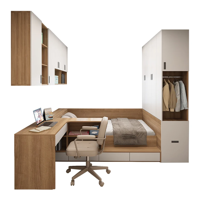 

With desk, bed, wardrobe, integrated bed, combined board single bed
