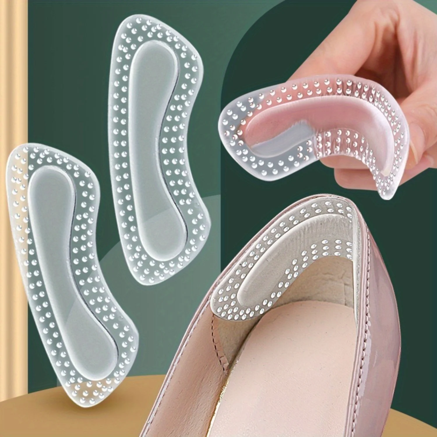 

2PCS Gel Heel Cushion Inserts - Self-Adhesive Anti-Slip Protectors for High Heels, Massaging Comfort Pads for Shoe Sizing Adjust