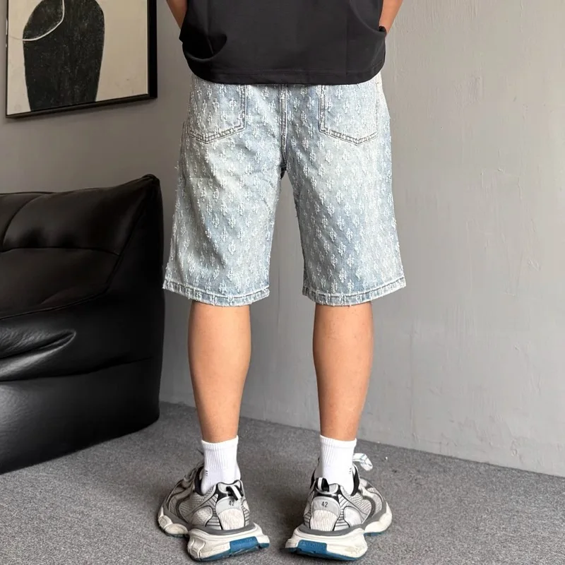 American Retro Jacquard Denim Shorts for Men's Summer Design, Niche Washed Five Quarter Pants, High Street Sports Pants