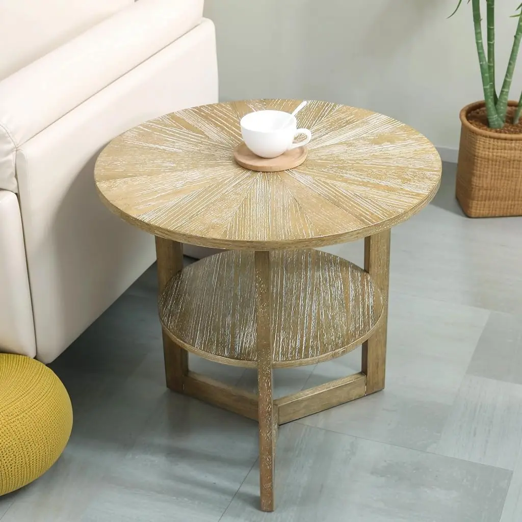 2 Tier Circle Sofa Side Table with Storage, Round Rustic Natural Wood Nightstand, Solid Bedside Table for Living Room, Office