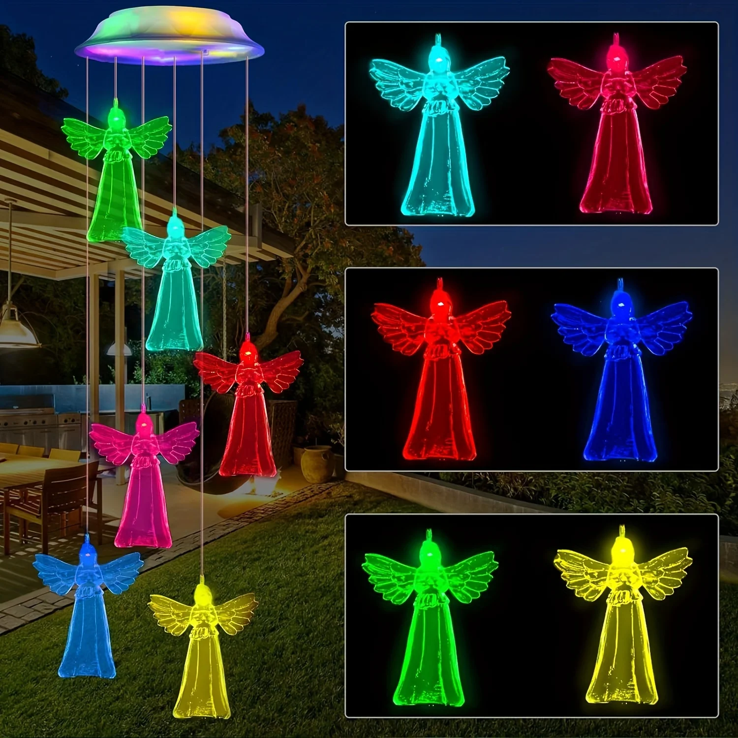 Angel Wind Chimes, Color Changing Solar Wind Chimes for Outside, Solar Powered Wind Chime Outdoor, Solar Light LED Multi-Color L