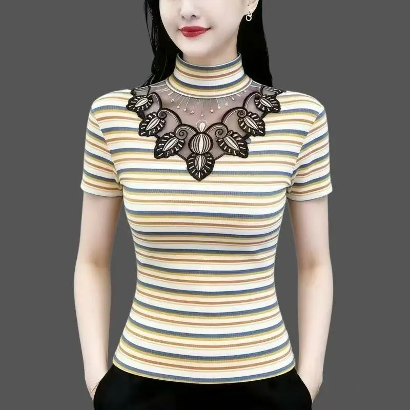 Ladies Slim Fit Half High Collar Embroidered Thin T-Shirt Overhead round Neck Cute Belly Covering Ageless Polyester Casual Top