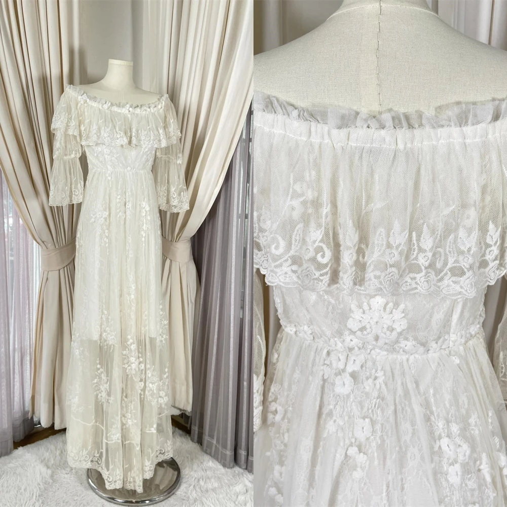 

Customized Delicate White Tulle Evening Dress Elegant Graceful Scoop Off the Shoulder 3/4 Sleeves Special Occasion Gowns
