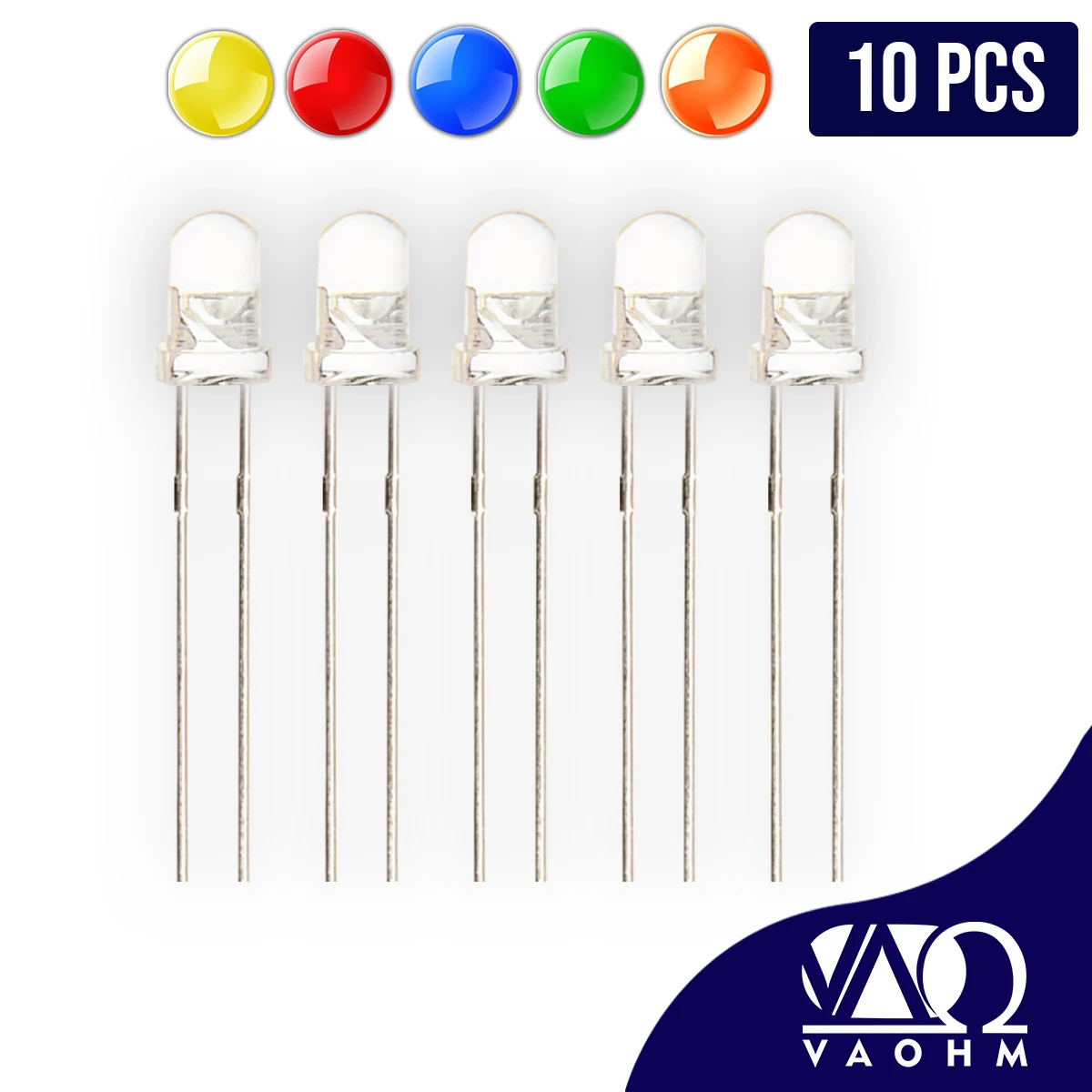 Vaohm 100PCS LED 3mm Super Bright  Water Clear F3 Light Emitting Diode Green Red White Yellow Blue Orange