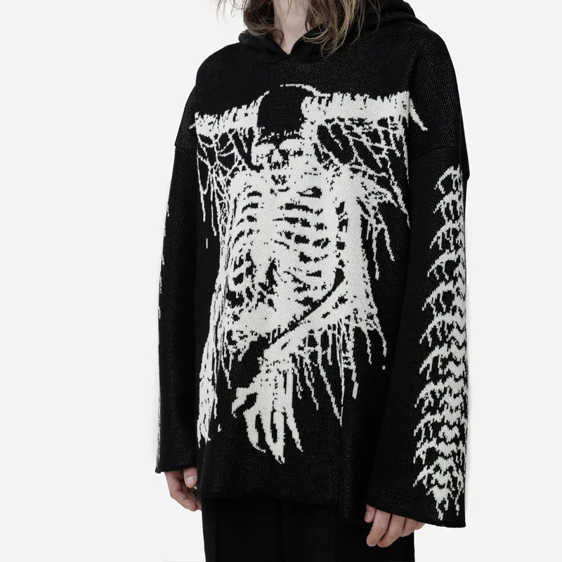 

Готический свитер с капюшоном и рисунком скелета, унисекс, осень 2023, новый свободный темный уличный вязаный пуловер большого размера, джемпер, топ с S