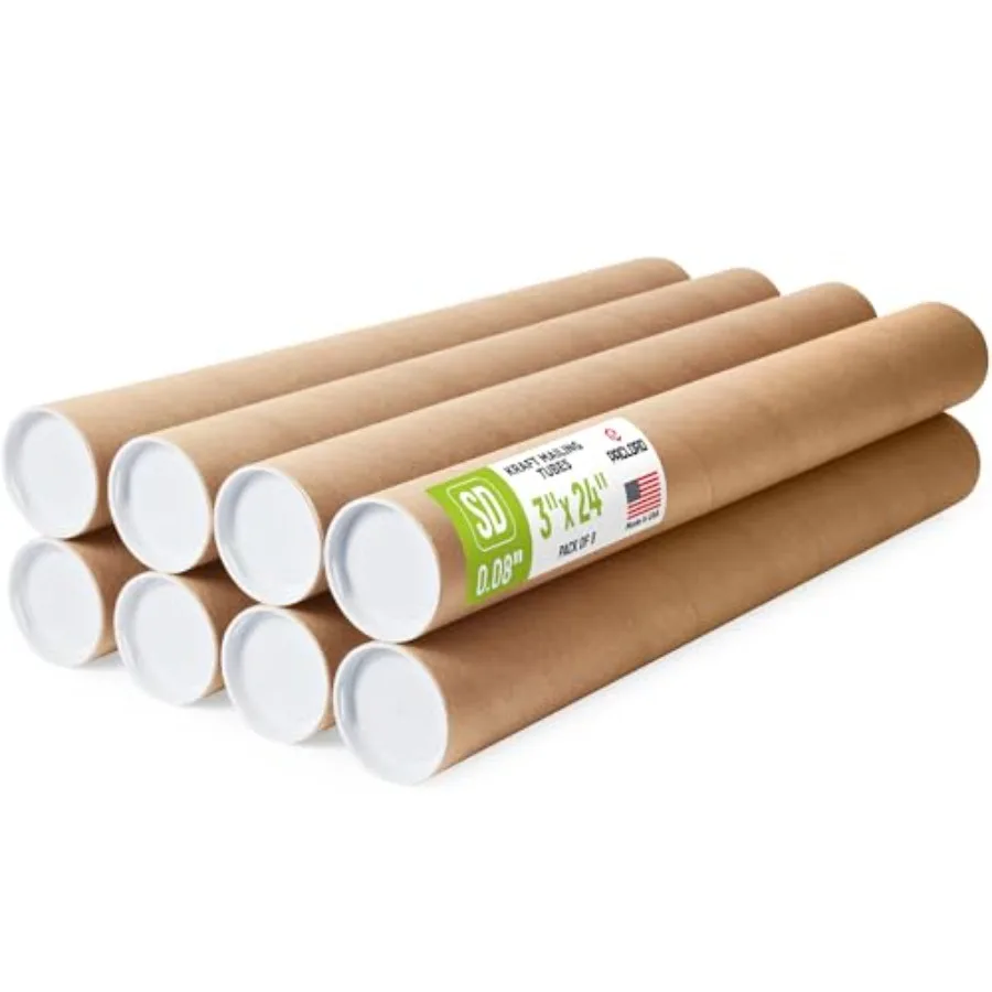 

3" x 24" Reinforced Kraft Paper Mailing Tube, Pack of 8 Tubes with 16 Caps Secure USPS Approved Poster Tube Made in USA Cardboa