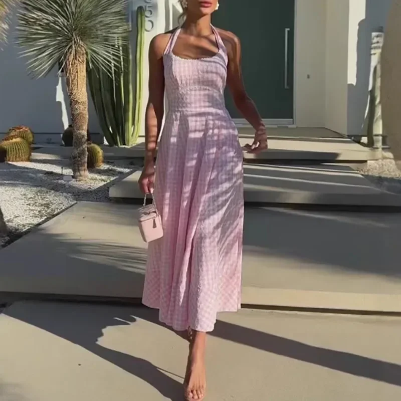 

Summer New High Waist Halter Dresses French Style Vacation Grid Printed Dresses Elegant Sleeveless Off Shoulder Slim Party Dress
