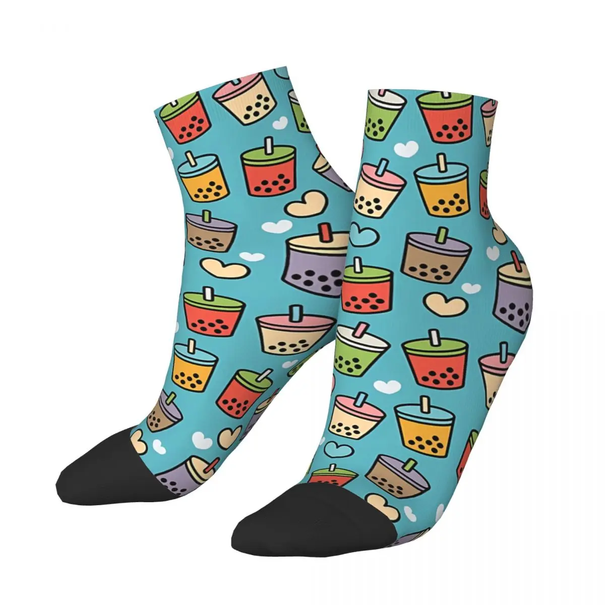 Funny Men's Ankle Socks Bubble Tea Flavors And Hearts Milk Tea Hip Hop Novelty Crew Sock Gift Pattern Printed