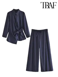 TRAF-Chemise à Boutonnage Simple pour Femme, Ensemble 2 Pièces en Popeline, Taille Haute, Pantalon Long, Décontracté, Automne 2023