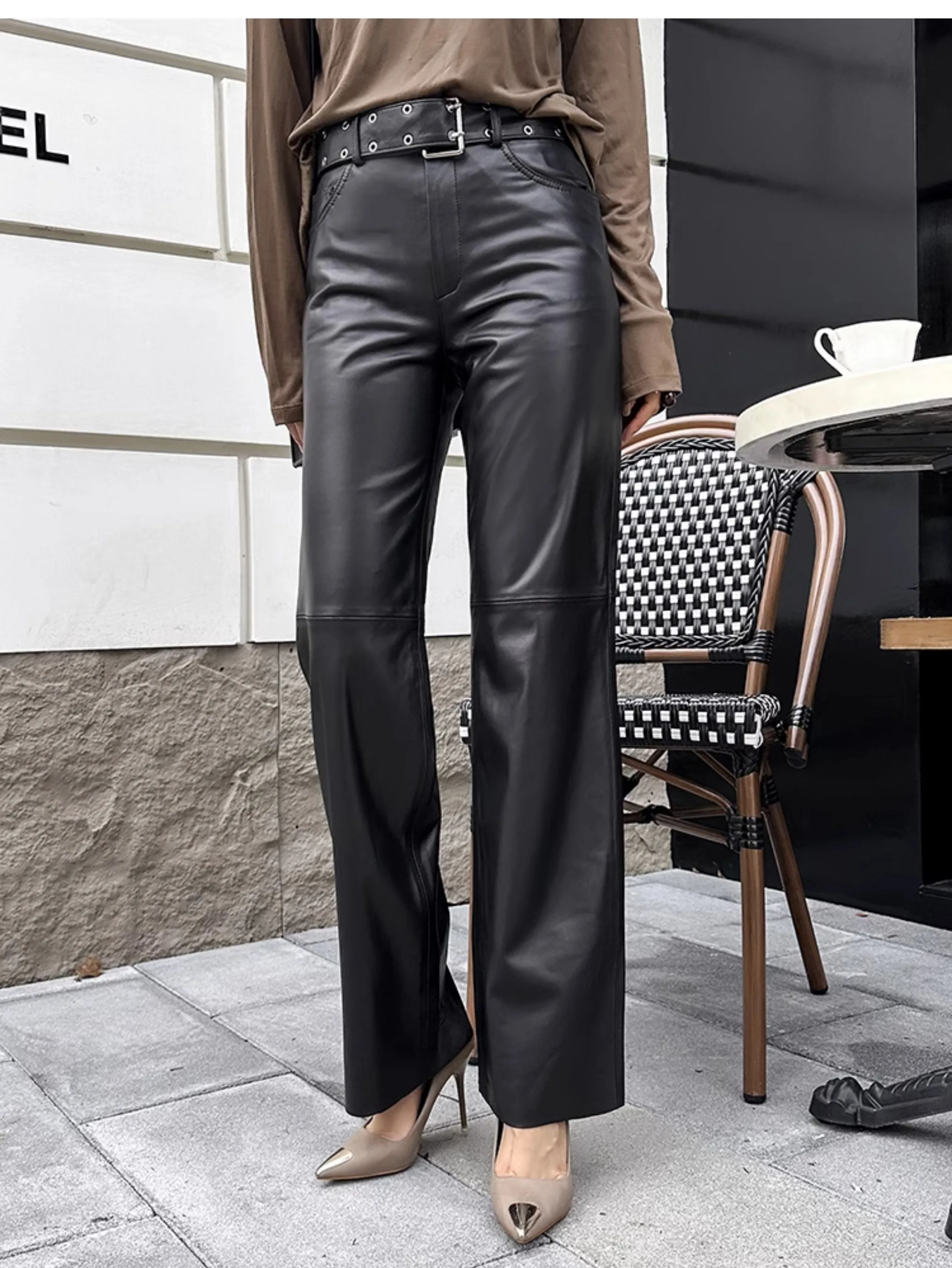 Korean Style Autumn Winter Fashion Women High Quality Genuine Leather High-rise Belt Ninth Pants C732