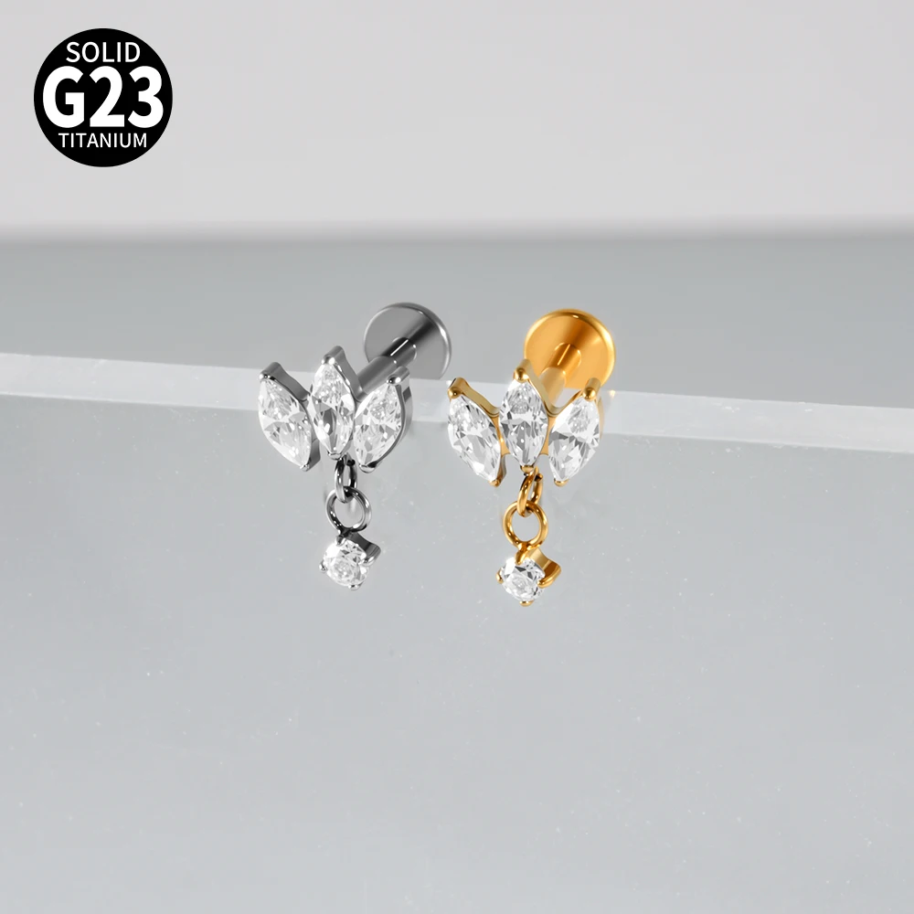 G23 Titanium Marquise Zircon Dangle Claw Zircon Earrings Internal Thread Ear Tragus Helix Conch Flat Labret Piercing Jewelry 16G