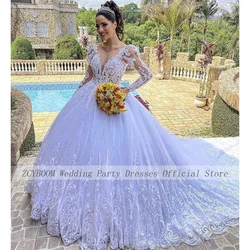 Personalizado branco o-pescoço apliques vestido de casamento 2023 vestido de baile até o chão trem varredura mangas completas tule rendas até vestido de noiva