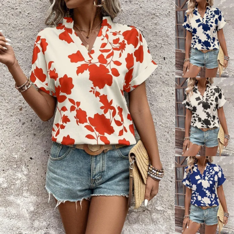 2025 Summer Women New Pullover V-Neck Patchwork Printed Fashion Slim Fit Comfortable And Versatile Short Sleeve Blouses Shirts