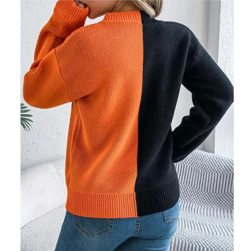 Dames Gebreide Trui Pompoen Halloween Thema Contrasterende Pullover Met Lange Mouwen 2024 Herfst Winter Nieuwe Trui Losse Casual