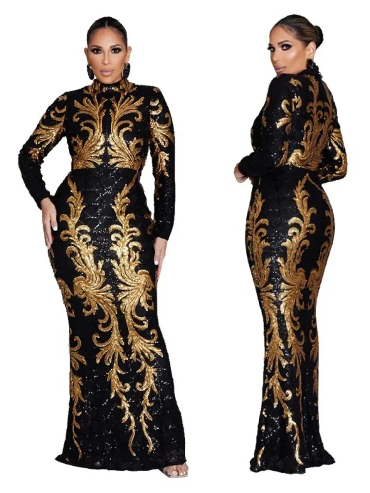 

Women Sequined O-neck High Waist Full Sleeve Birthday Bodycon Maxi Dress Spring Evening Sexy Party Long Dresses Vestidos 2025New