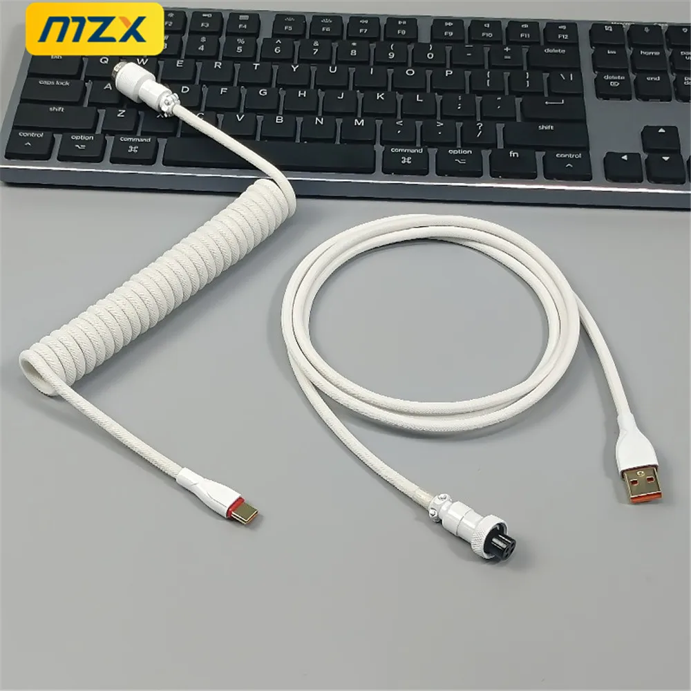 USB C Coiled Cable Type Mechanical Keyboard Gaming Double-Sleeved Wire Cord Detachable Metal Aviator Aerial Connector Charging