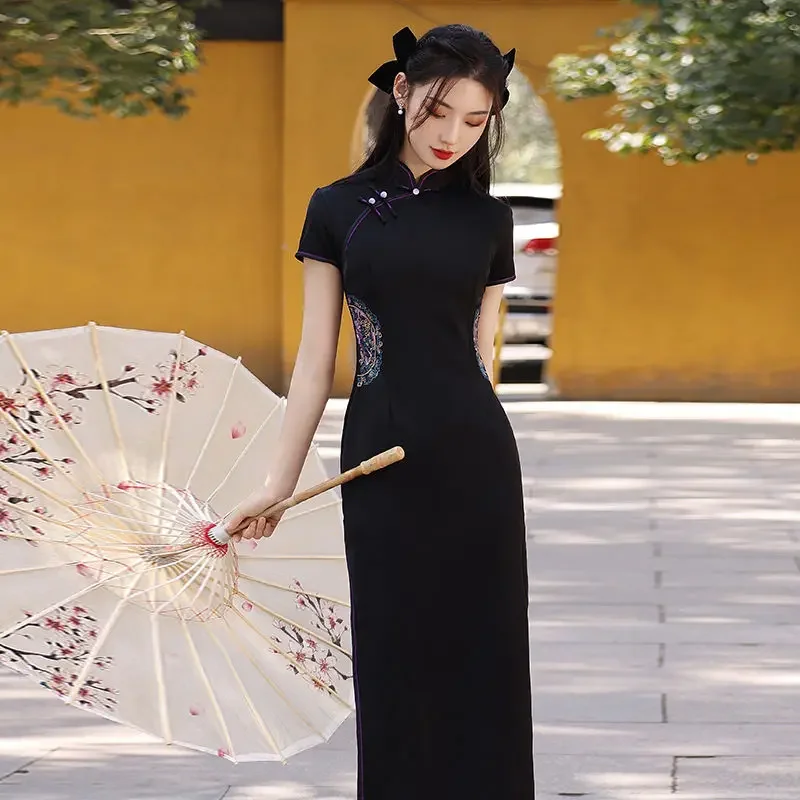 فستان BlackCheongsam على الطراز الصيني فستان نسائي عتيق أنيق من الدانتيل لحفلات رأس السنة الجديدة فساتين تشيباو للسيدات فساتين صيفية ضيقة
