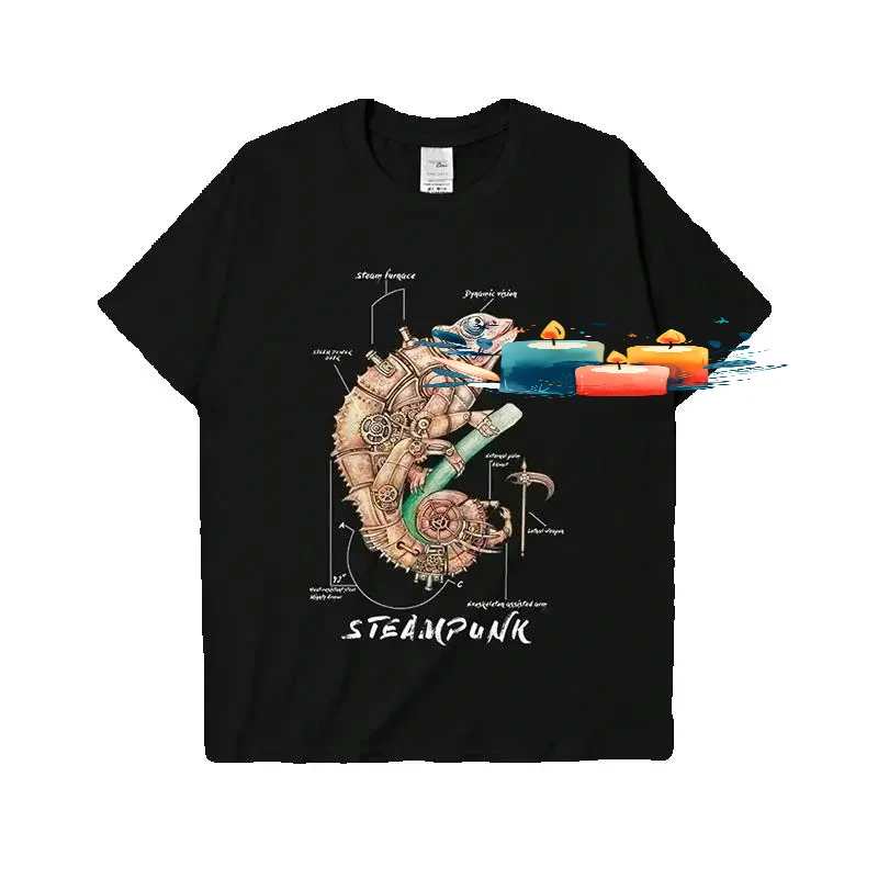 Steampunk Transformation Chameleon Illustration T-Shirt Cotton O-Neck Short Sleeve Steampunk Enthusiasts T-Shirt Size S-3XL