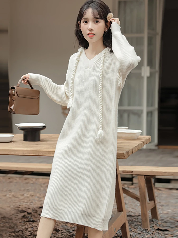 

White Knitted Long Sleeve Chic Hooded Dress for Women Autumn Winter Elegant Loose Waist Casual Dress 2025 Korean Sweater Dresses