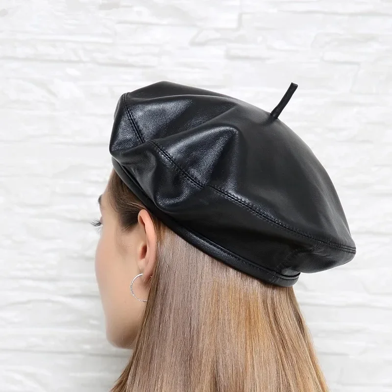 New 2024 Fashion Real Leather Beret Caps Women Female Retro Black 54-60 cm Fitted Painter Hat Mujer Streetwear Beanie