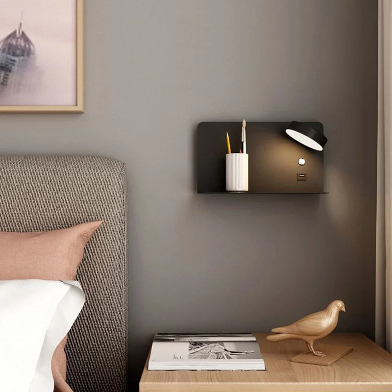 LED Bedroom Bedside Wall Light with Shelf Modern Simple Wall Lamps With Switch USB Charging Background Decor Sconce AC110V 220V