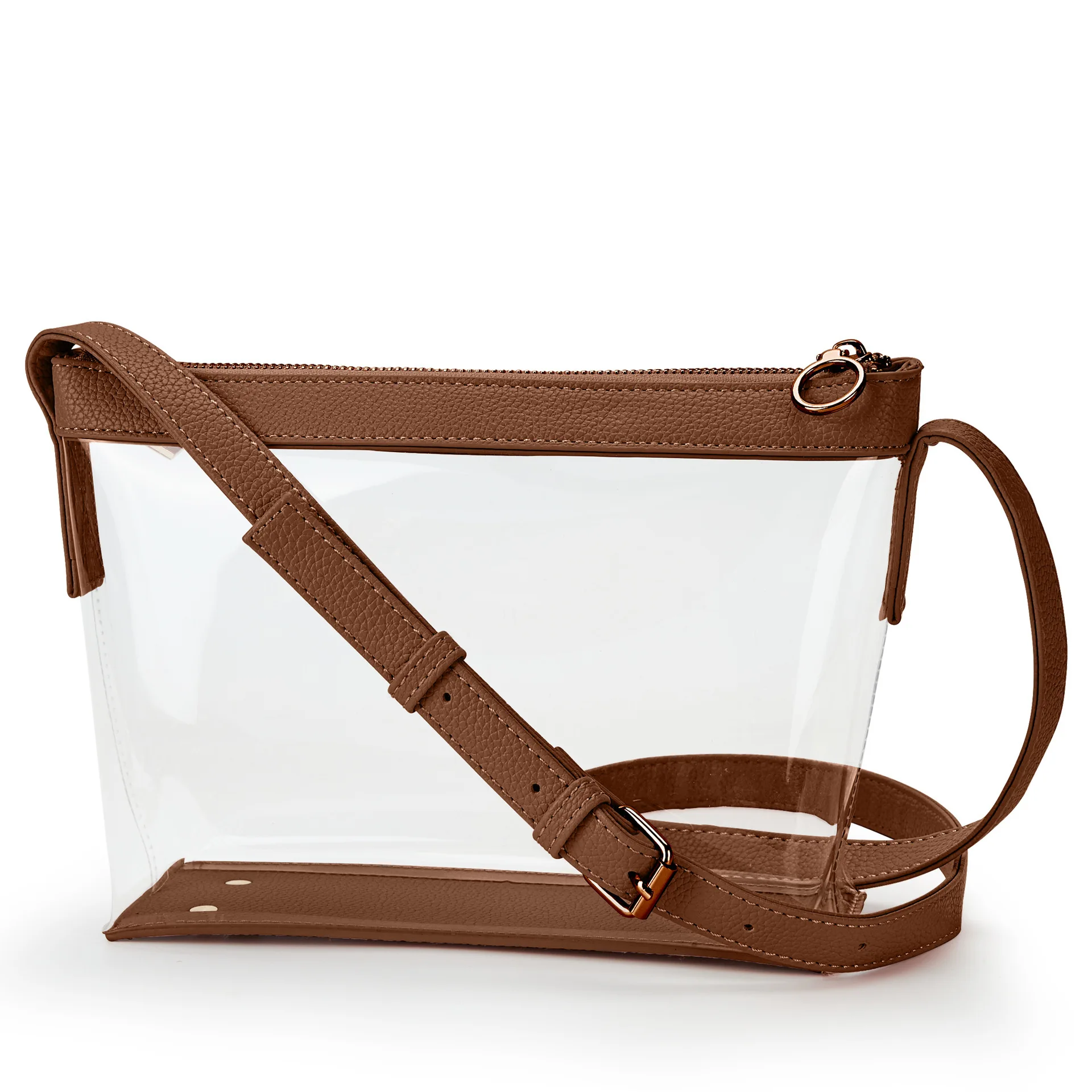 Bolso Bandolera Transparente de PVC Ecológico de Alta Calidad para Mujer con Ribete de Cuero y Cierre Moderno