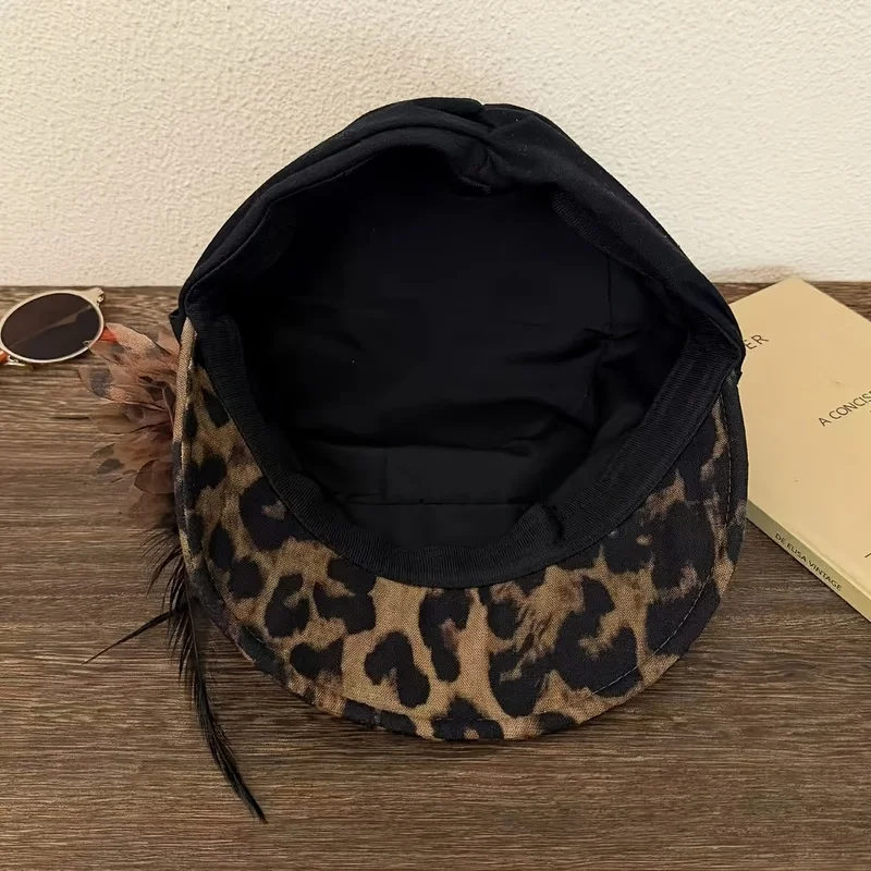 Women'S Leopard Print Military Cap, Feather Flower Accent And Flat Brim, Vintage Statement Newsboy Hat for Fall Winter