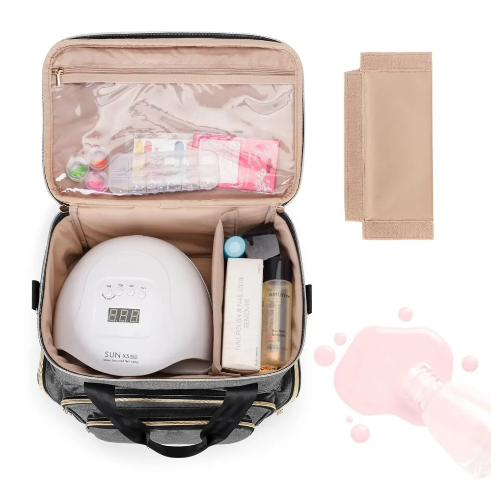 Double Layer Nail Polish Organizer Holds 70 Bottles with Nail Dryer, 2 Removable Pouches & Tools Storage Sections, Gray